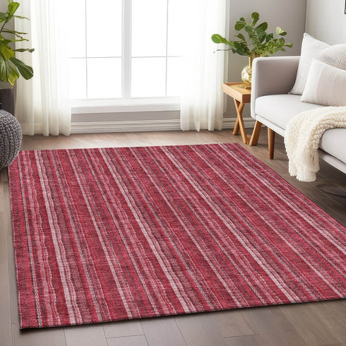 8' X 10' Pink And Ivory Striped Washable Area Rug With UV Protection