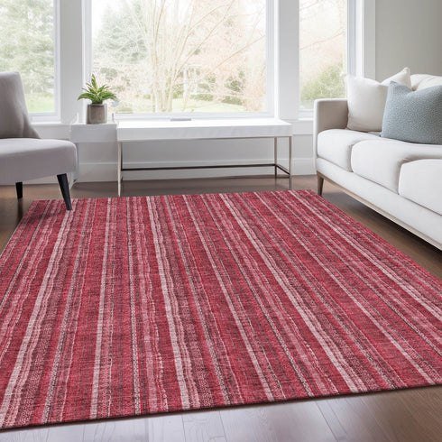 8' X 10' Pink And Ivory Striped Washable Area Rug With UV Protection