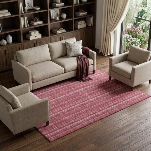 8' X 10' Pink And Ivory Striped Washable Area Rug With UV Protection