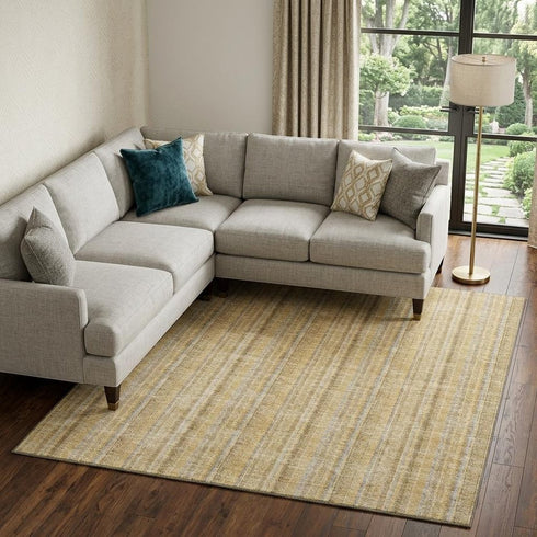 8' X 10' Wheat Gray And Gold Striped Washable Area Rug With UV Protection