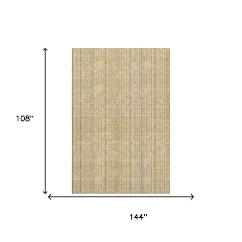 9' X 12' Wheat Gray And Gold Striped Washable Area Rug With UV Protection