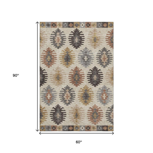 5' X 8' Beige Copper And Gold Southwestern Washable Area Rug With UV Protection