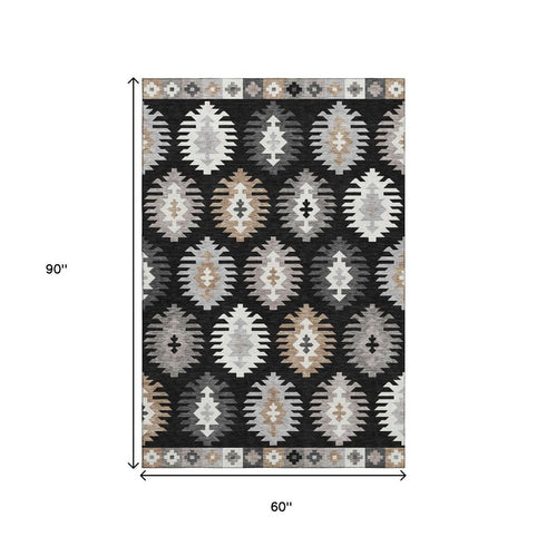 5' X 8' Black Ivory And Gray Southwestern Washable Area Rug With UV Protection