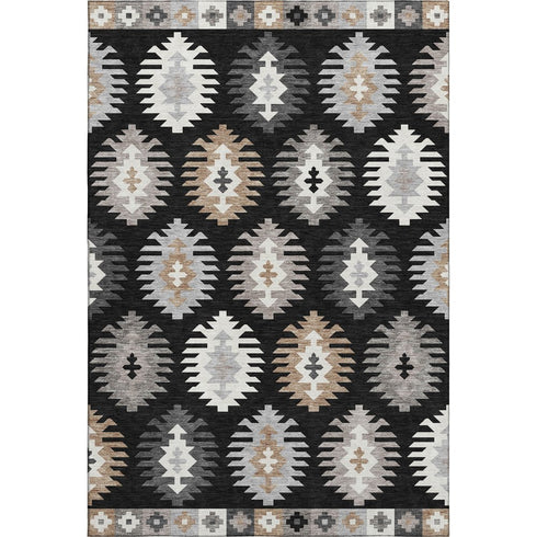 5' X 8' Black Ivory And Gray Southwestern Washable Area Rug With UV Protection