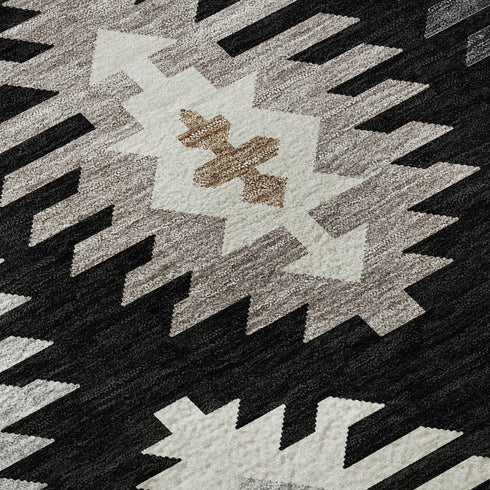 5' X 8' Black Ivory And Gray Southwestern Washable Area Rug With UV Protection