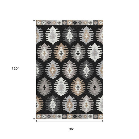8' X 10' Black Ivory And Gray Southwestern Washable Area Rug With UV Protection