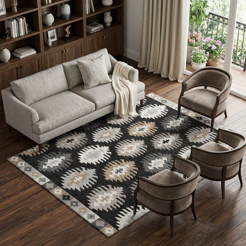 8' X 10' Black Ivory And Gray Southwestern Washable Area Rug With UV Protection