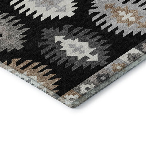8' X 10' Black Ivory And Gray Southwestern Washable Area Rug With UV Protection