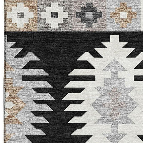 8' X 10' Black Ivory And Gray Southwestern Washable Area Rug With UV Protection