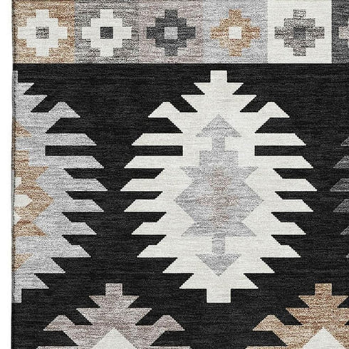 8' X 10' Black Ivory And Gray Southwestern Washable Area Rug With UV Protection