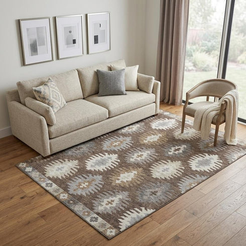 5' X 8' Brown Taupe And Ivory Southwestern Washable Area Rug With UV Protection