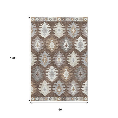 8' X 10' Brown Taupe And Ivory Southwestern Washable Area Rug With UV Protection