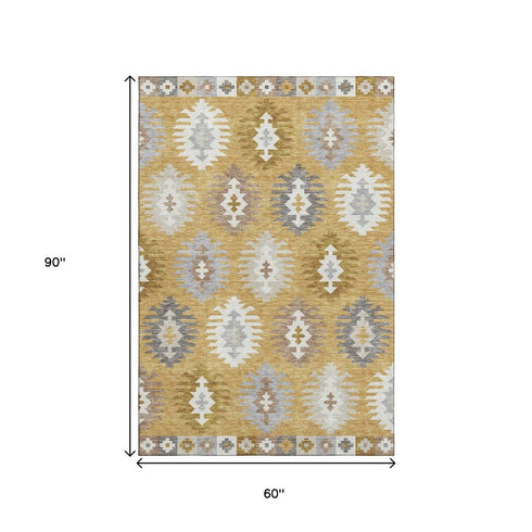 5' X 8' Gold Gray And Silver Southwestern Washable Area Rug With UV Protection