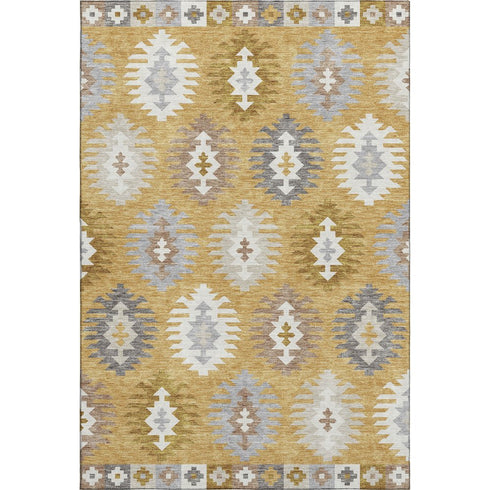 5' X 8' Gold Gray And Silver Southwestern Washable Area Rug With UV Protection