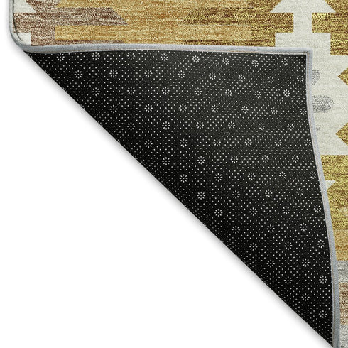 5' X 8' Gold Gray And Silver Southwestern Washable Area Rug With UV Protection