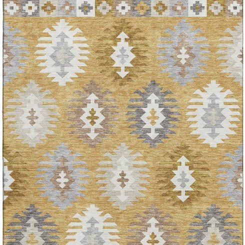 5' X 8' Gold Gray And Silver Southwestern Washable Area Rug With UV Protection