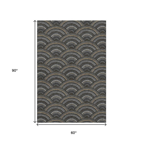 5' X 8' Black Gray And Gold Geometric Washable Area Rug With UV Protection