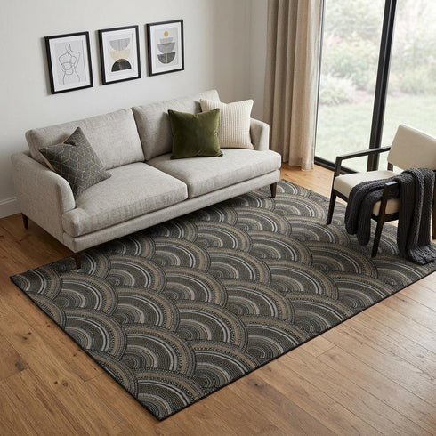 5' X 8' Black Gray And Gold Geometric Washable Area Rug With UV Protection