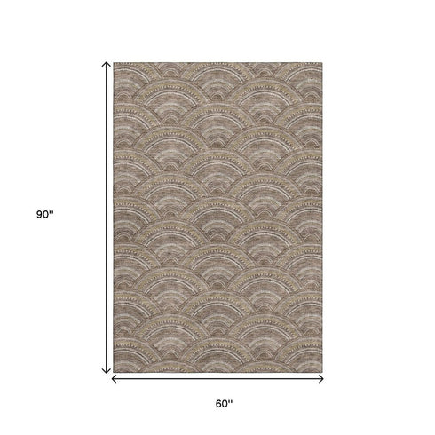5' X 8' Brown Beige And Taupe Geometric Washable Area Rug With UV Protection