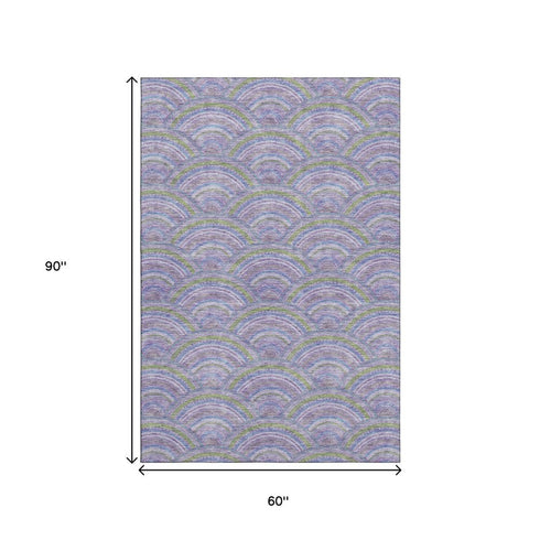 5' X 8' Lavender Olive Green And Ivory Geometric Washable Area Rug With UV Protection