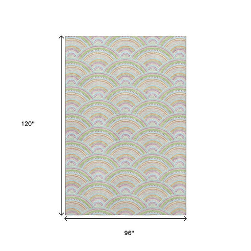 8' X 10' Pearl Orange And Green Geometric Washable Area Rug With UV Protection