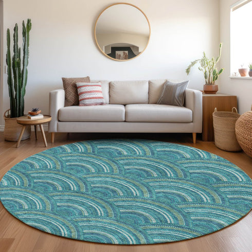 8' Teal Ivory And Fern Green Geometric Washable Round Rug With UV Protection