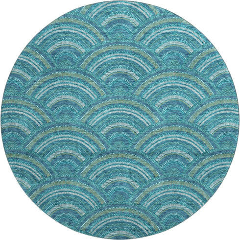 8' Teal Ivory And Fern Green Geometric Washable Round Rug With UV Protection
