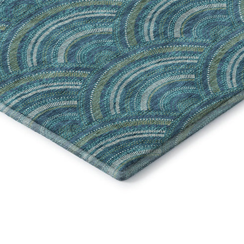 8' Teal Ivory And Fern Green Geometric Washable Round Rug With UV Protection