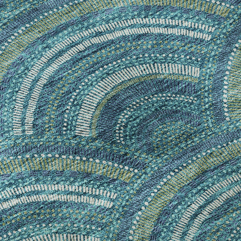 8' Teal Ivory And Fern Green Geometric Washable Round Rug With UV Protection