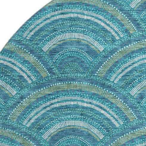 8' Teal Ivory And Fern Green Geometric Washable Round Rug With UV Protection