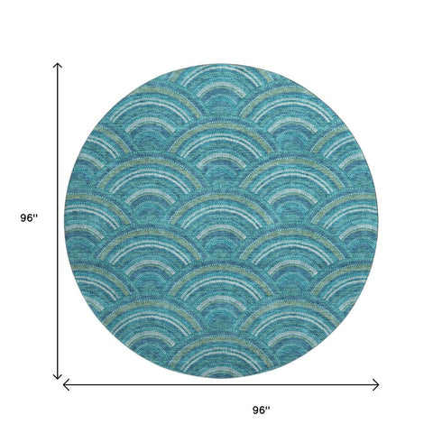 8' Teal Ivory And Fern Green Geometric Washable Round Rug With UV Protection