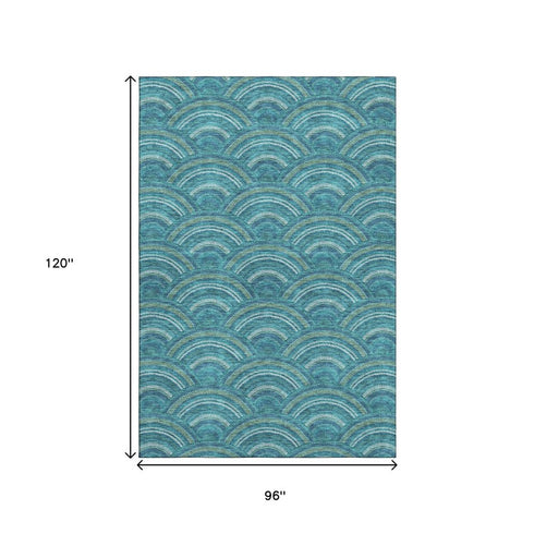 8' X 10' Teal Ivory And Fern Green Geometric Washable Area Rug With UV Protection
