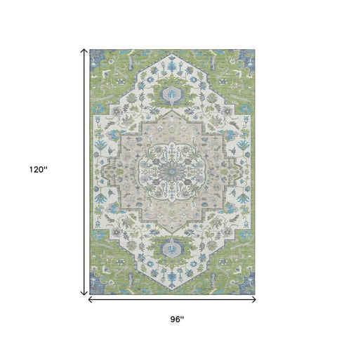 8' X 10' Artichoke Green Ivory And Blue Oriental Washable Area Rug With UV Protection
