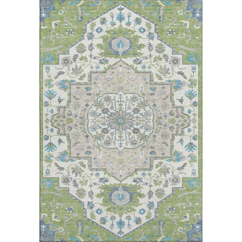 8' X 10' Artichoke Green Ivory And Blue Oriental Washable Area Rug With UV Protection