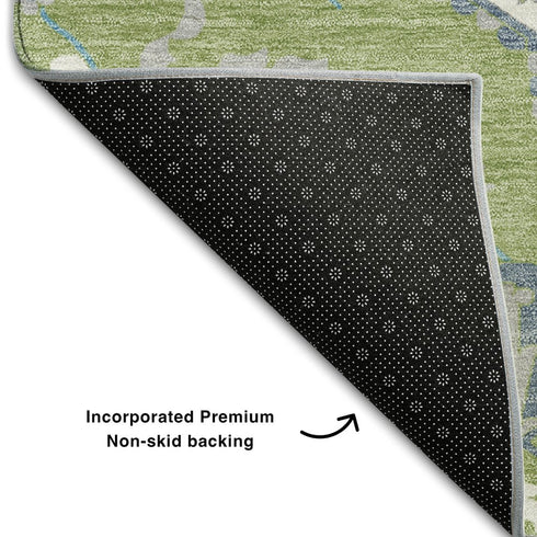 8' X 10' Artichoke Green Ivory And Blue Oriental Washable Area Rug With UV Protection