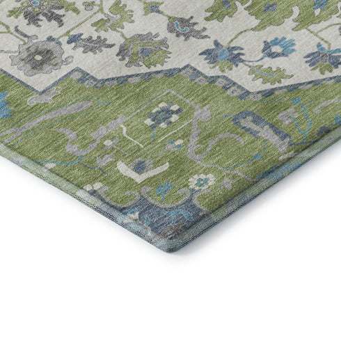 8' X 10' Artichoke Green Ivory And Blue Oriental Washable Area Rug With UV Protection