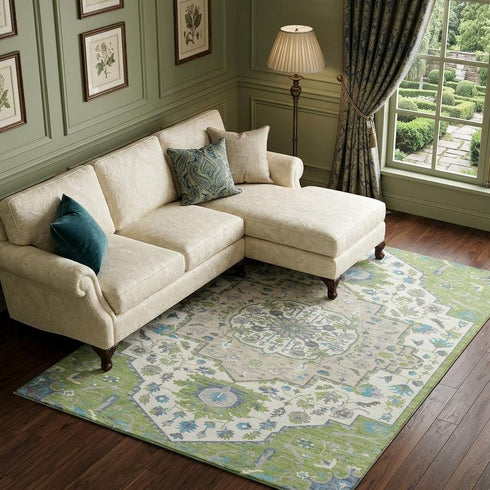 8' X 10' Artichoke Green Ivory And Blue Oriental Washable Area Rug With UV Protection