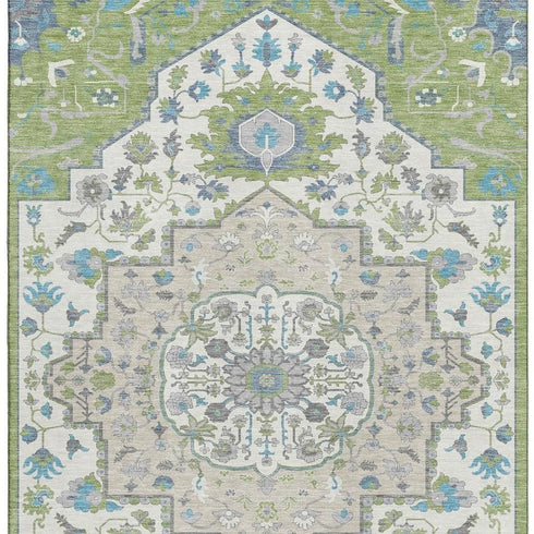 8' X 10' Artichoke Green Ivory And Blue Oriental Washable Area Rug With UV Protection