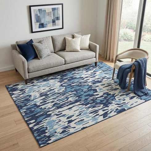 5' X 8' Blue And Ivory Striped Washable Area Rug With UV Protection