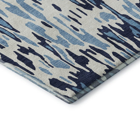 5' X 8' Blue And Ivory Striped Washable Area Rug With UV Protection