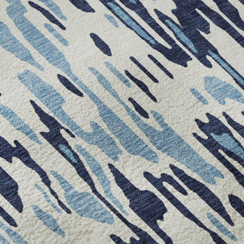 5' X 8' Blue And Ivory Striped Washable Area Rug With UV Protection