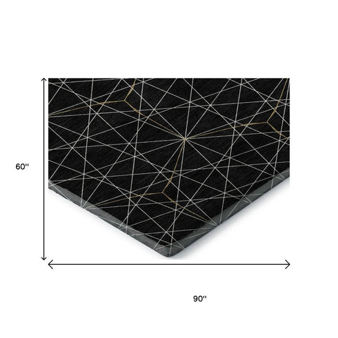 5' X 8' Black And Ivory Geometric Washable Area Rug With UV Protection