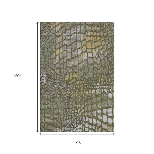 8' X 10' Olive Green Gold And Gray Abstract Geometric Washable Area Rug With UV Protection