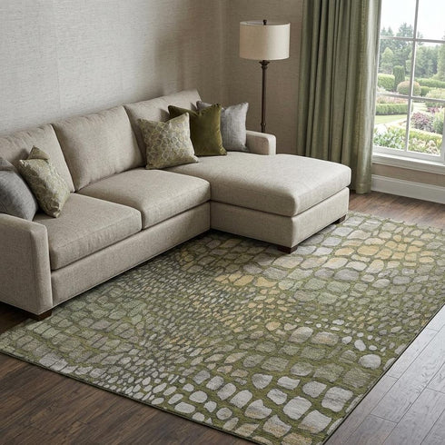 8' X 10' Olive Green Gold And Gray Abstract Geometric Washable Area Rug With UV Protection