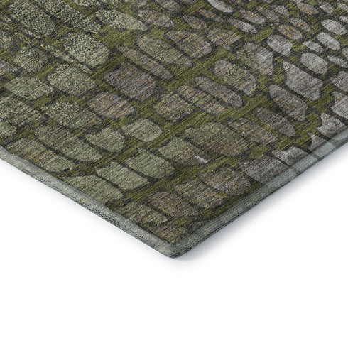 8' X 10' Olive Green Gold And Gray Abstract Geometric Washable Area Rug With UV Protection