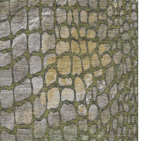 8' X 10' Olive Green Gold And Gray Abstract Geometric Washable Area Rug With UV Protection