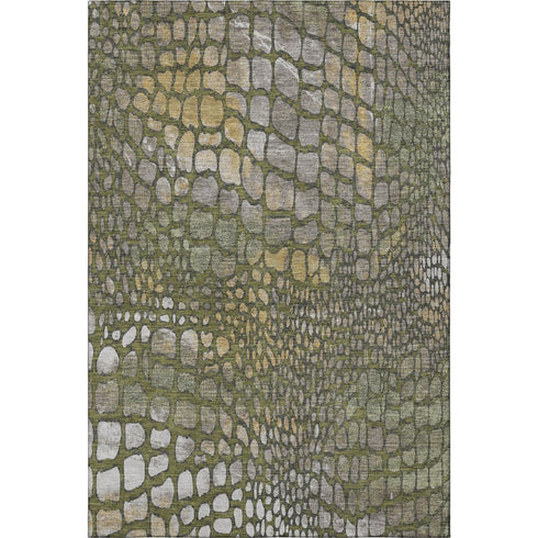 8' X 10' Olive Green Gold And Gray Abstract Geometric Washable Area Rug With UV Protection