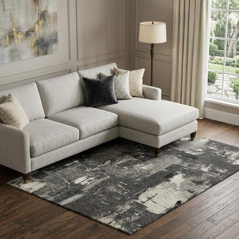 9' X 12' Black And Ivory Abstract Washable Area Rug With UV Protection