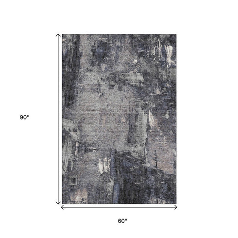 5' X 8' Charcoal And Silver Abstract Washable Area Rug With UV Protection