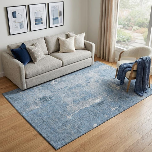 5' X 8' Denim Blue And Ivory Abstract Washable Area Rug With UV Protection